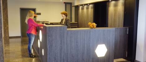 Un mostrador de recepción con una mujer detrás, un panel de pared de madera y una lámpara hexagonal sobre el mostrador.