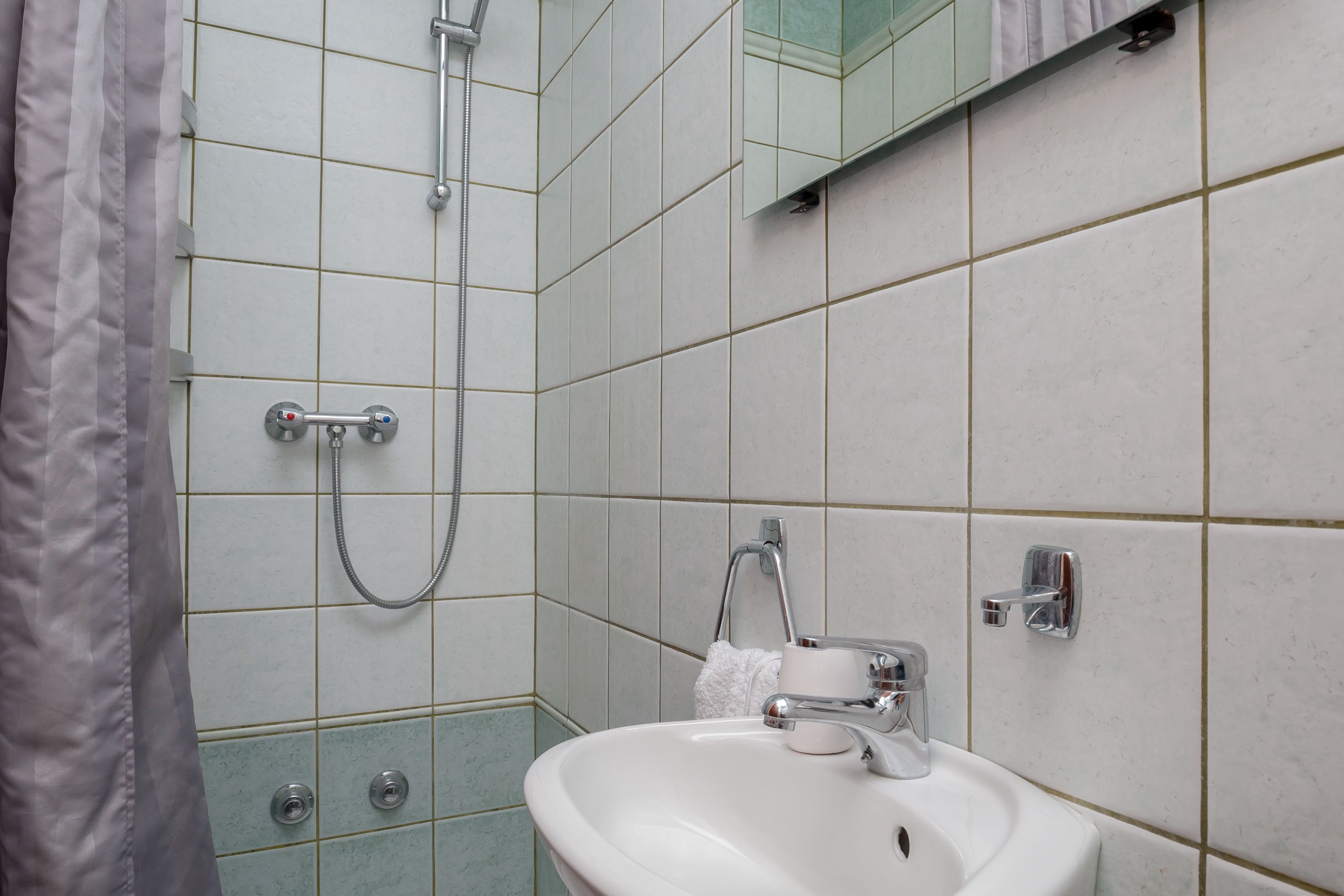 Une salle de bain avec un lavabo, un miroir et une douche.
