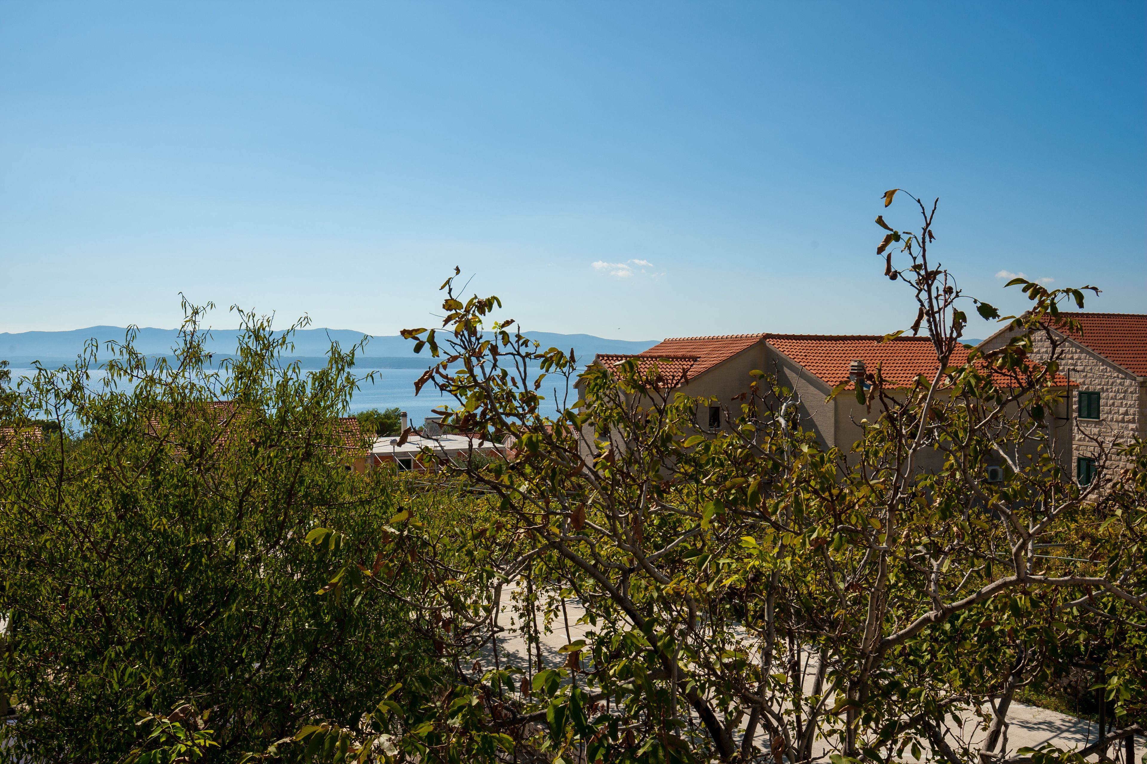 Um edifício costeiro com telhado de telhas vermelhas, cercado por vegetação e com vista para o mar.