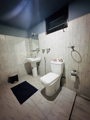 Quarto casal, banheiro privativo, no piso térreo (with A/C) | Banheiro | Chuveiro, produtos de toalete grátis, secador de cabelo, chinelos