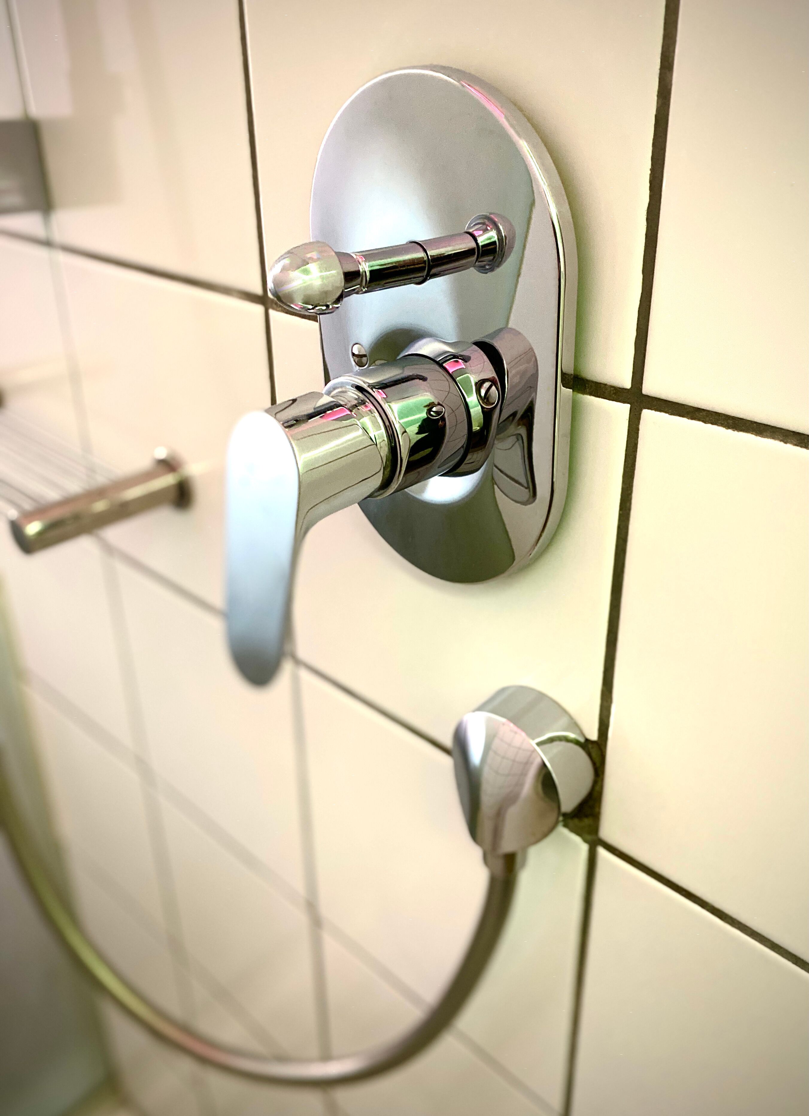A bathroom with a wall-mounted shower control and a handheld showerhead.