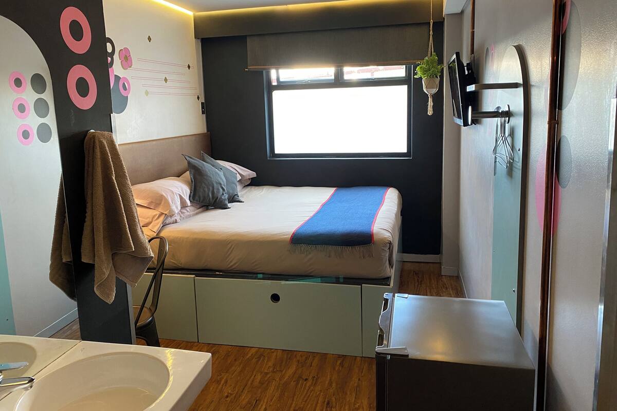 Une chambre à coucher moderne avec un lit, une plante suspendue, une fenêtre et une salle de bain avec un lavabo.