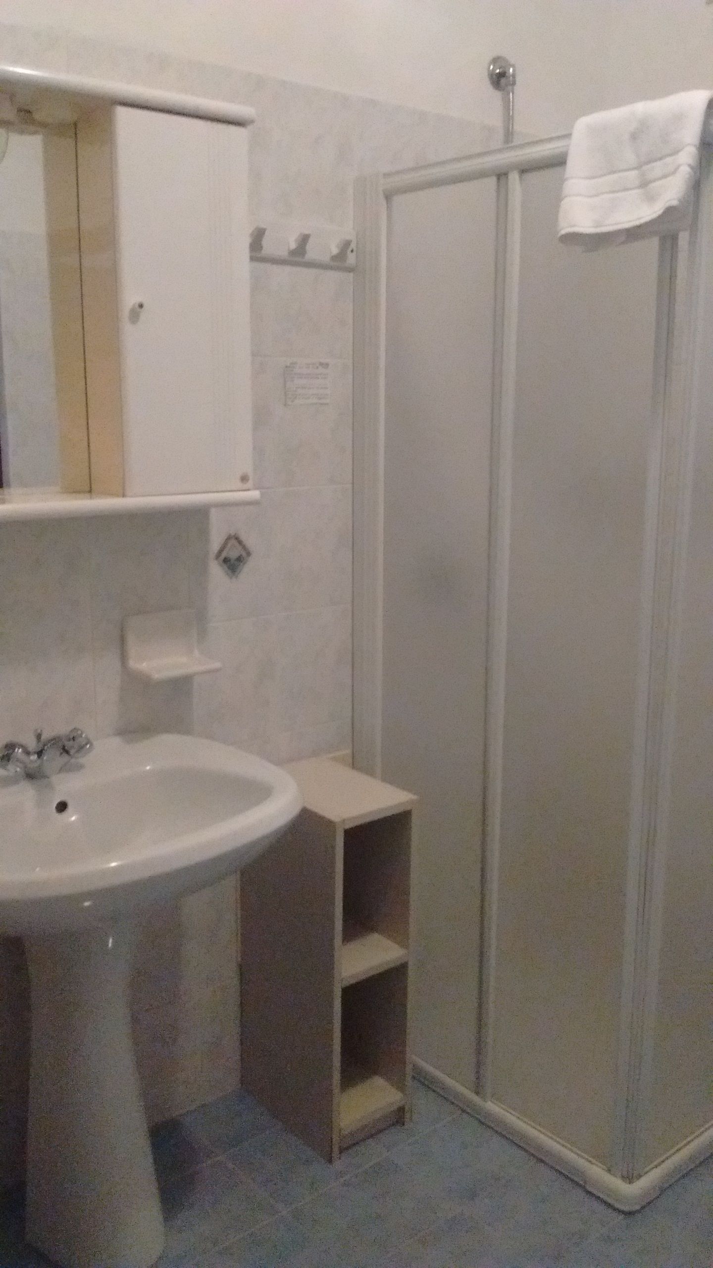 Un baño con lavamanos, espejo y cabina de ducha.