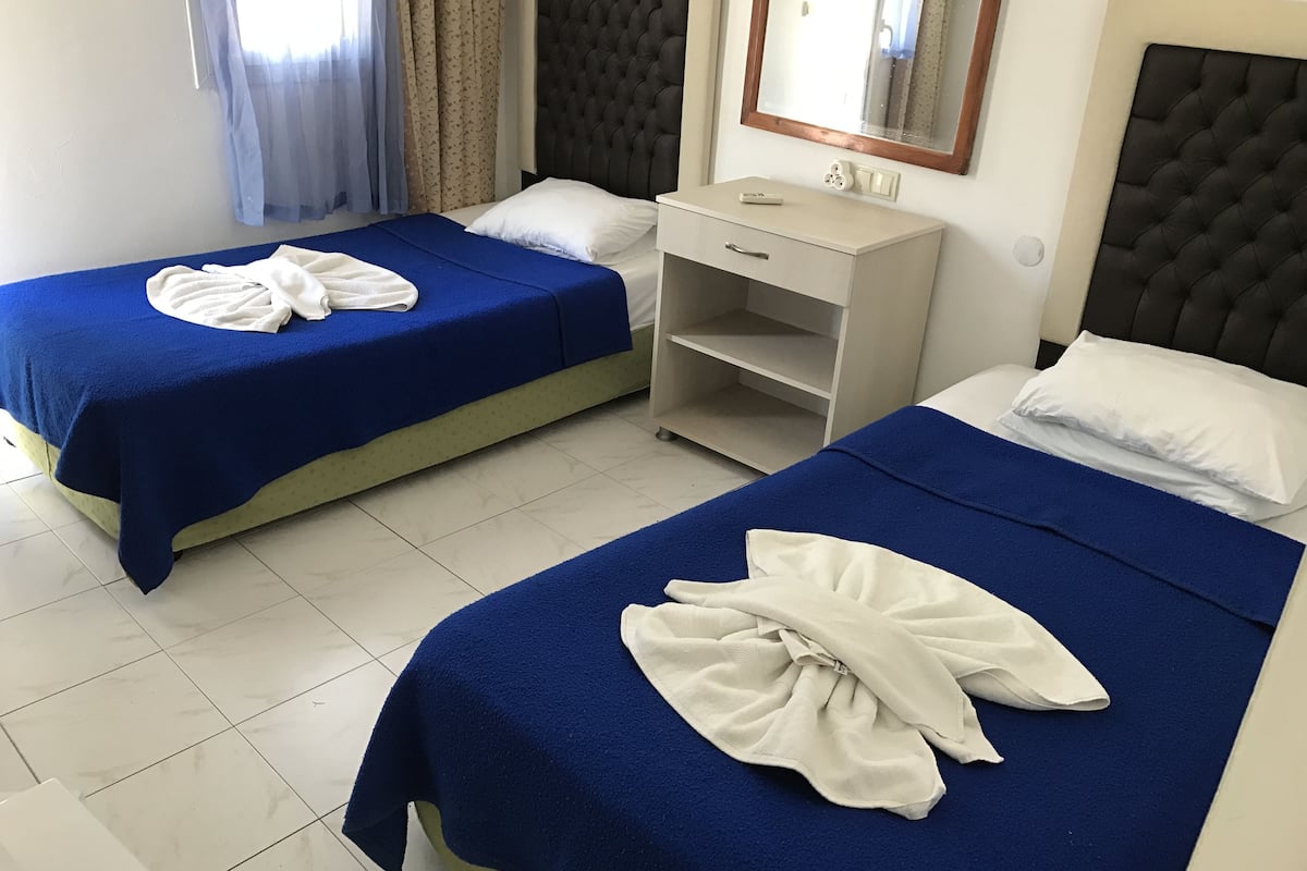 Habitació d'hotel amb dos llits, cada un amb estovatge blau i naxes blanques, una taula de nit petita i un mirall sobre el llit.