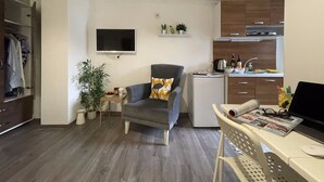 A compact living space with a grey armchair, a small table with a plant, a TV mounted on the wall, a mini-fridge, and a kitchenette with wooden cabinets. - Flats Company - Karakoy Apartment (Istanbul)