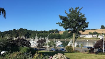 Un puerto deportivo con barcos, un árbol y edificios al fondo.