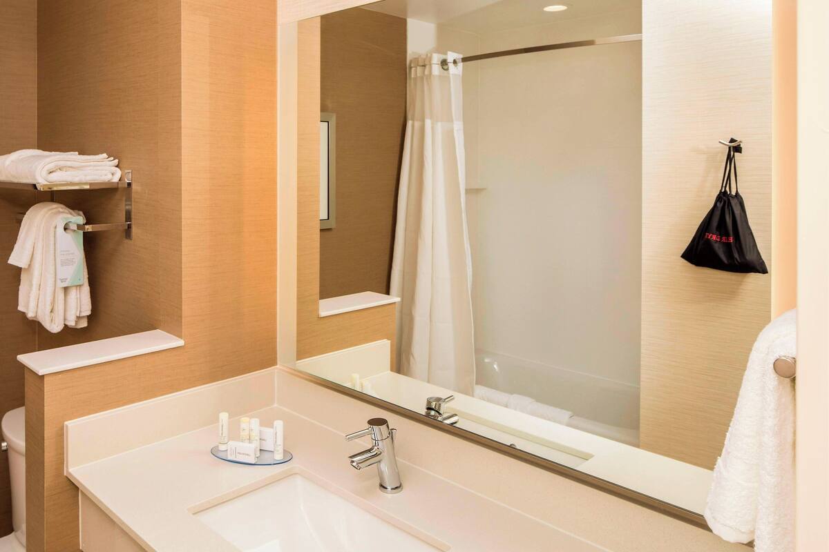 combined shower/bathtub, free toiletries, hair dryer, towels