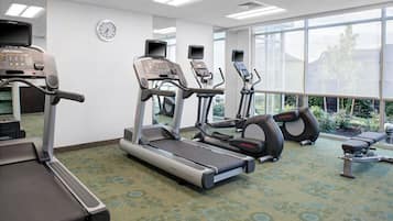 A fitness center with treadmills, elliptical machines, and a bench.