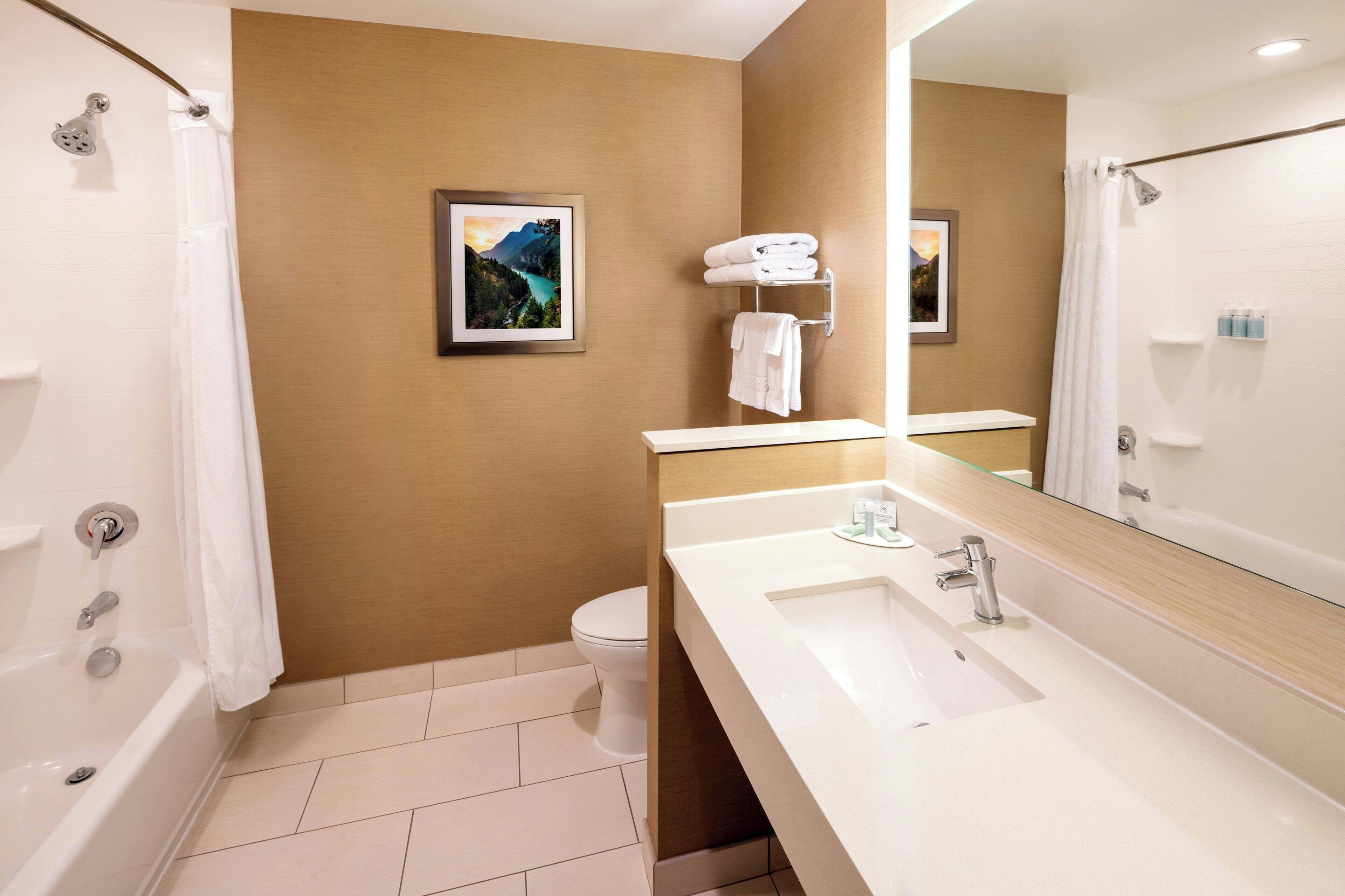 A modern bathroom with a bathtub, a large mirror, a sink, and a toilet.