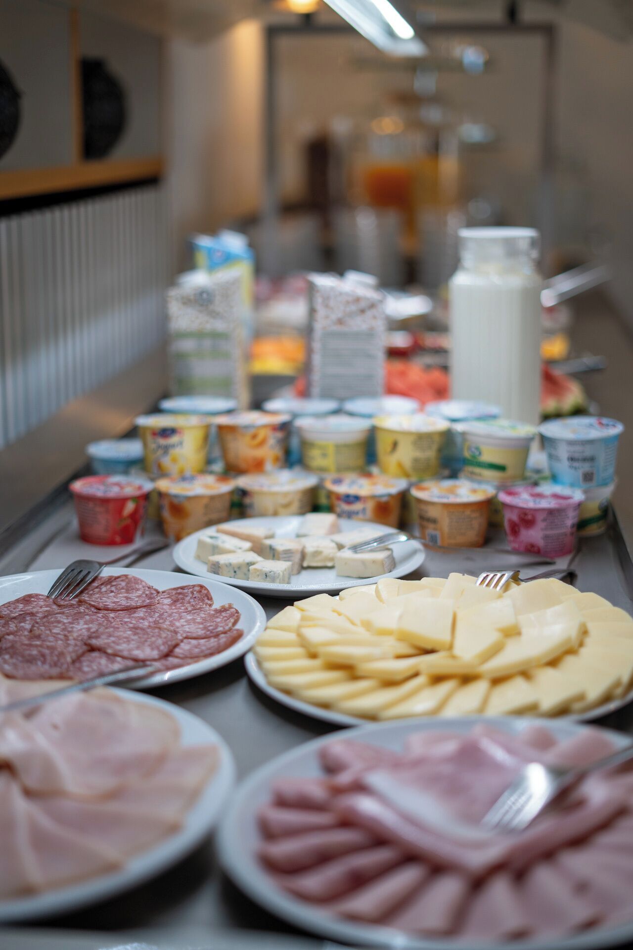 Ein Buffet mit verschiedenen Käsesorten, Fleischwaren und Milchprodukten.