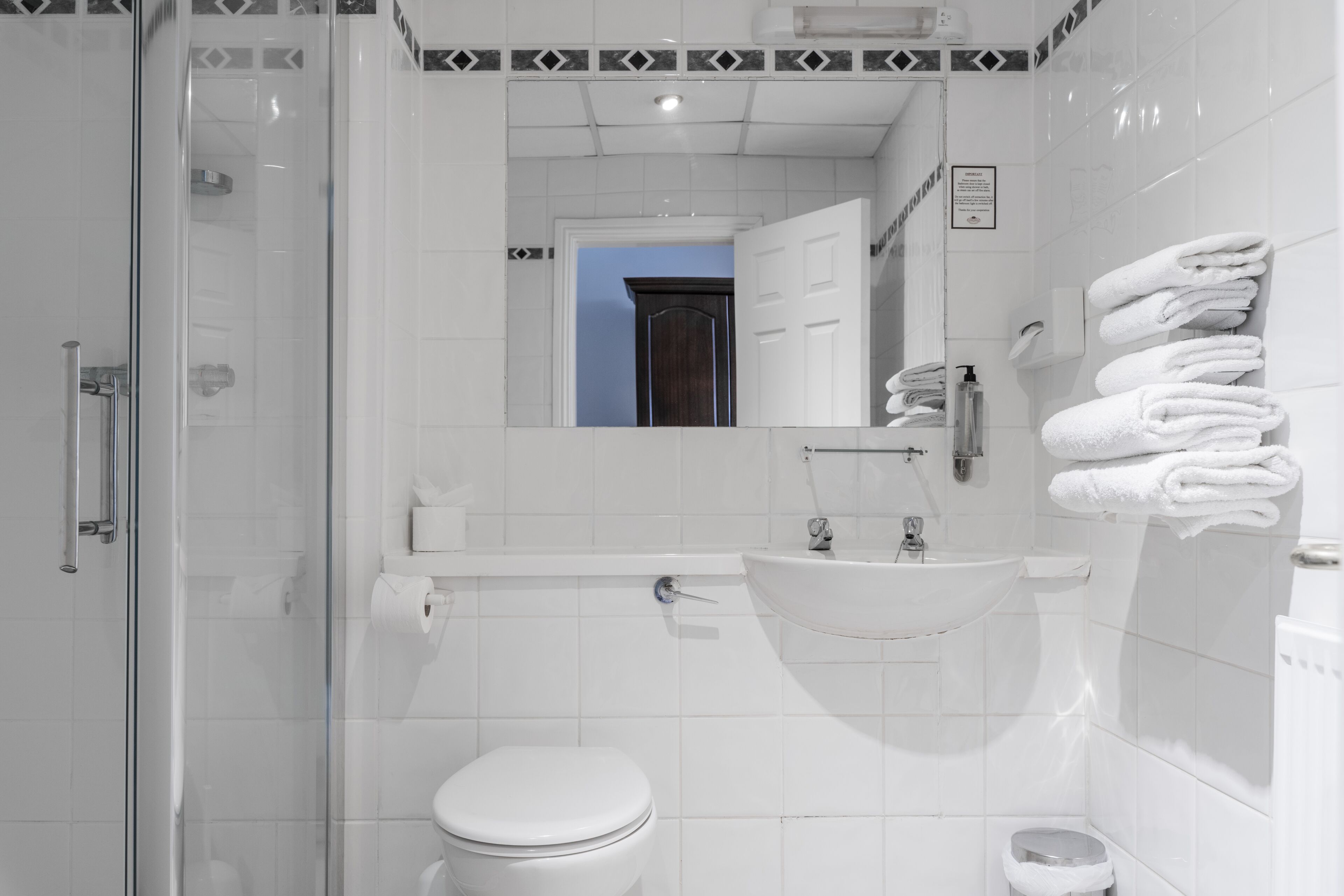 free toiletries, hair dryer, towels, toilet paper