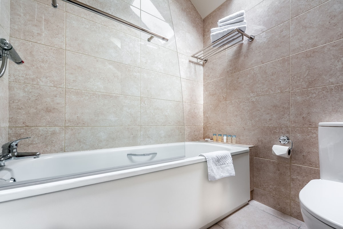 free toiletries, hair dryer, towels, toilet paper