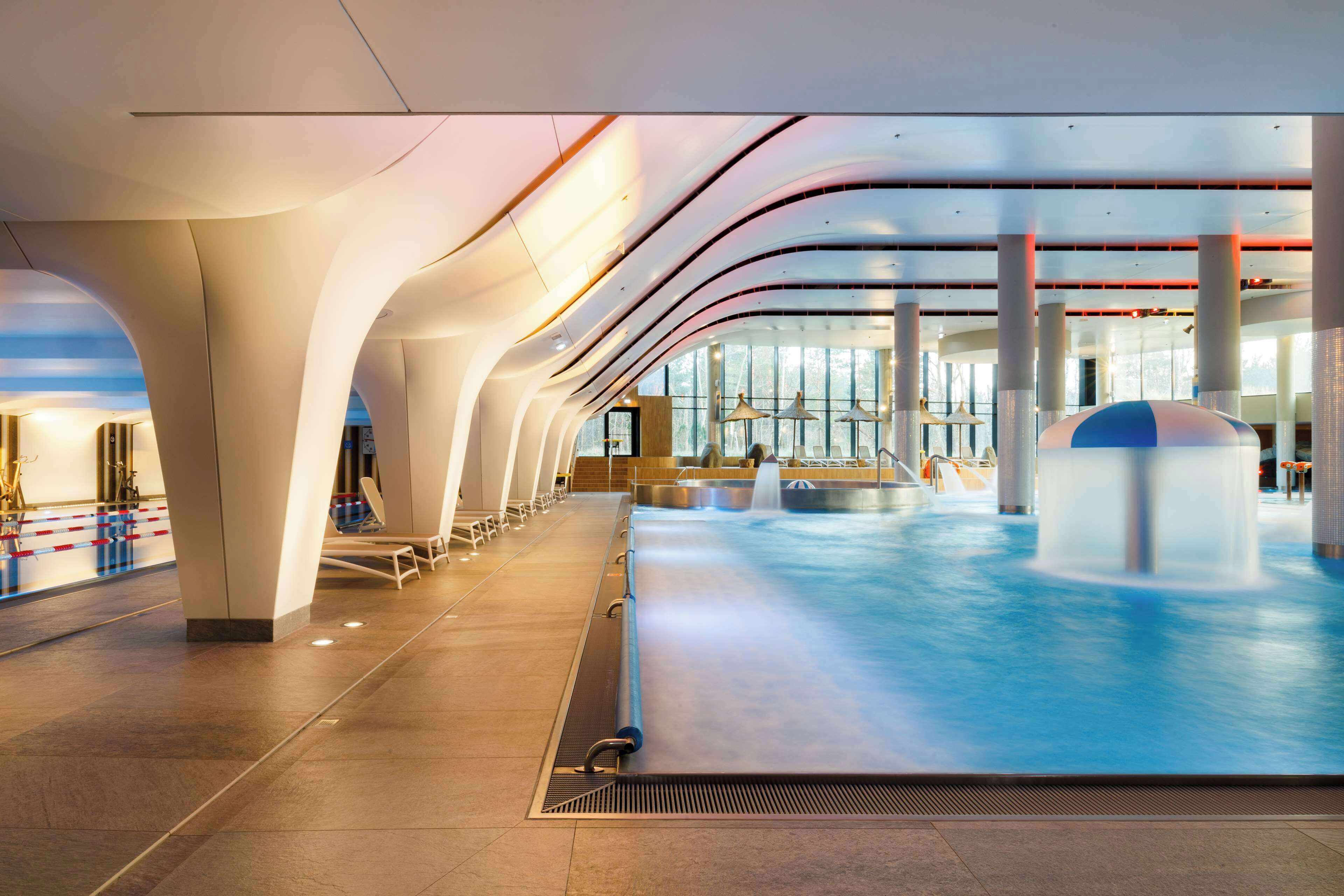 outdoor pool, pool loungers, lifeguards on site