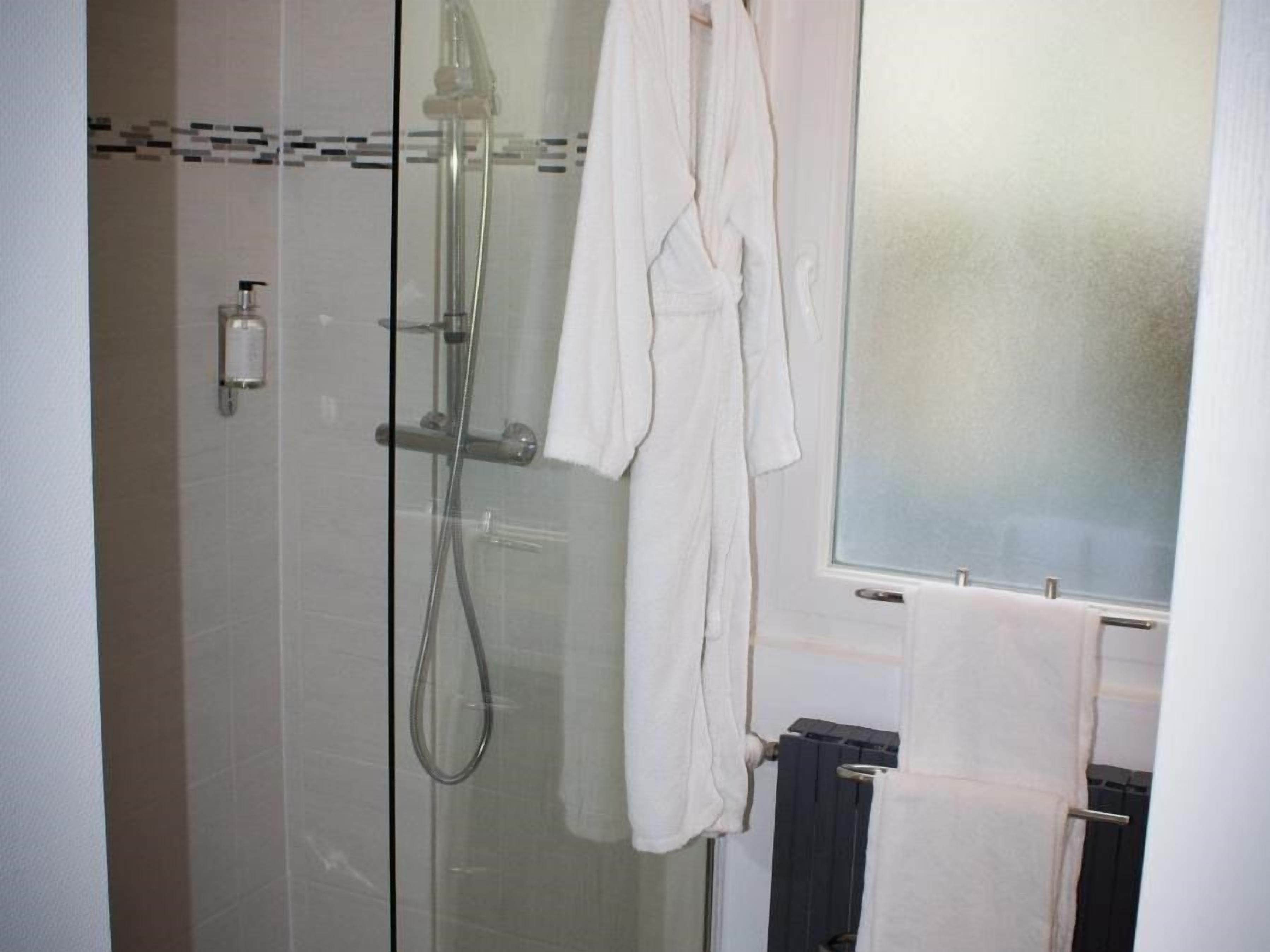 Een douchecabine met glazen wanden, een handdouche, een handdoekhouder en een fles shampoo.