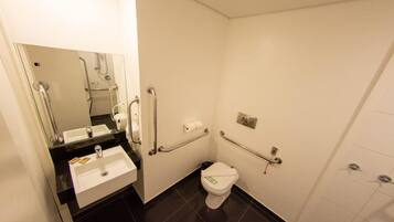 A small, modern bathroom with a white sink, mirror, toilet, and handrails.