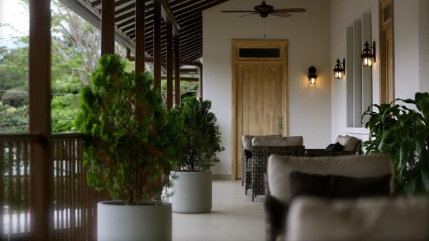 Un espace extérieur abrité, aménagé avec des plantes en pot, un ventilateur de plafond et une porte donnant accès à l’intérieur.