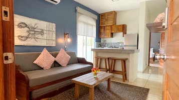 Apartamento luxo, 1 quarto, cozinha | Área de estar | TV de tela plana