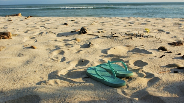 Un par de chanclas sobre una playa arenosa con rocas y una vista despejada del océano.