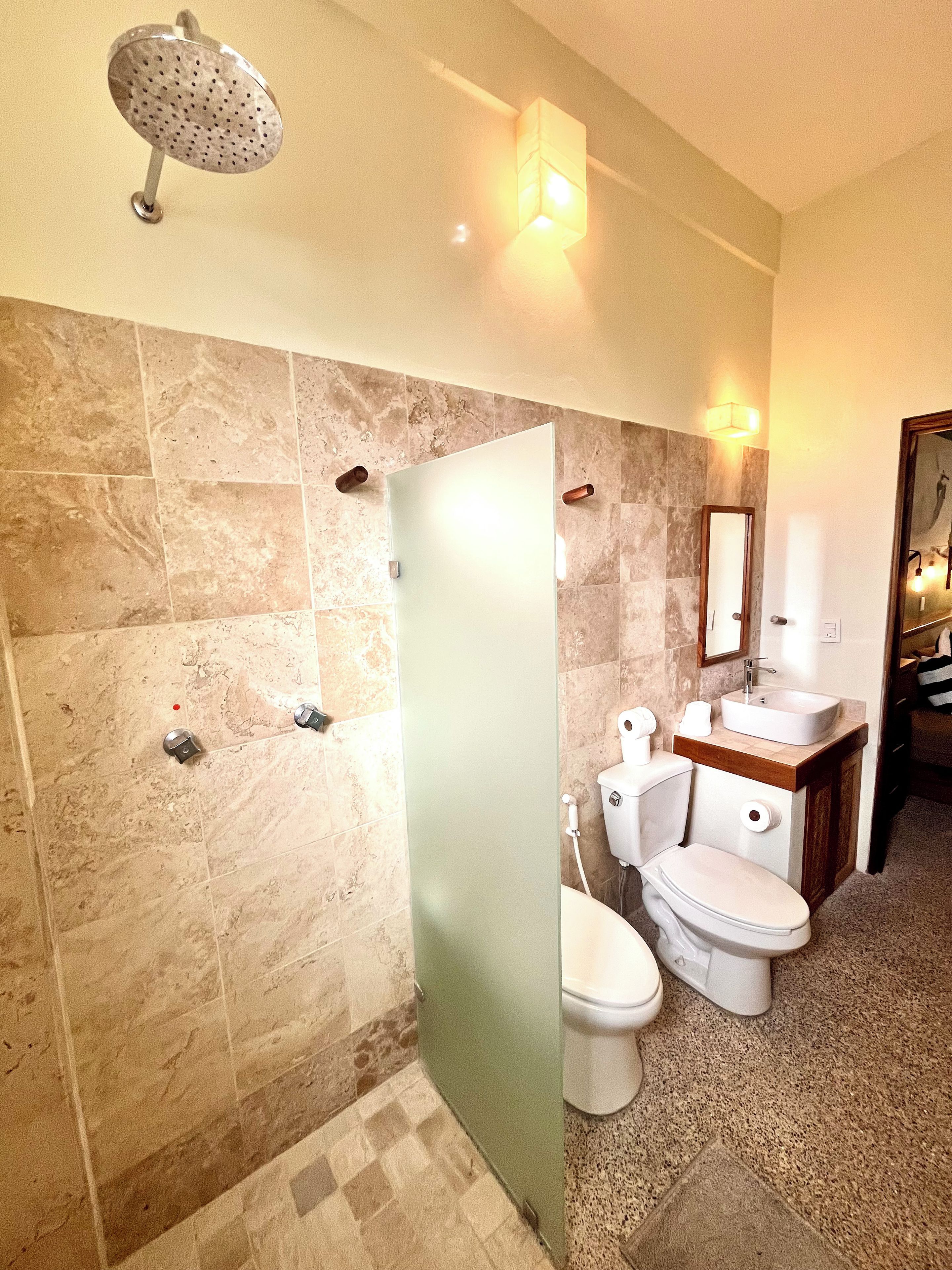 A bathroom with a shower, toilet, sink, and mirror.