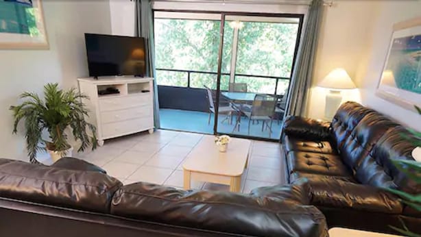 A living room with a leather sofa, a TV on a stand, a small table, and a potted plant. - Vacation Villas (Titusville)