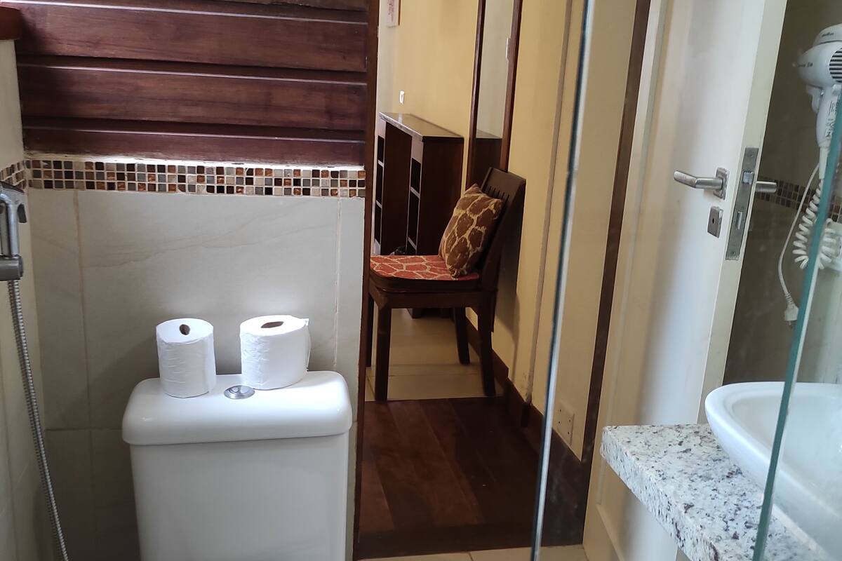 superior double room | bathroom | shower, free toiletries, hair dryer, towels
