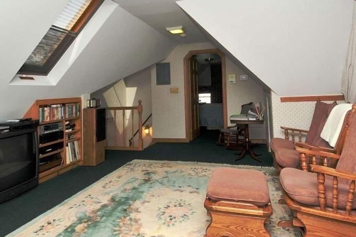 Una habitación cálida en el ático con techo inclinado, una estantería de madera, un televisor, un escritorio con silla y una alfombra estampada.