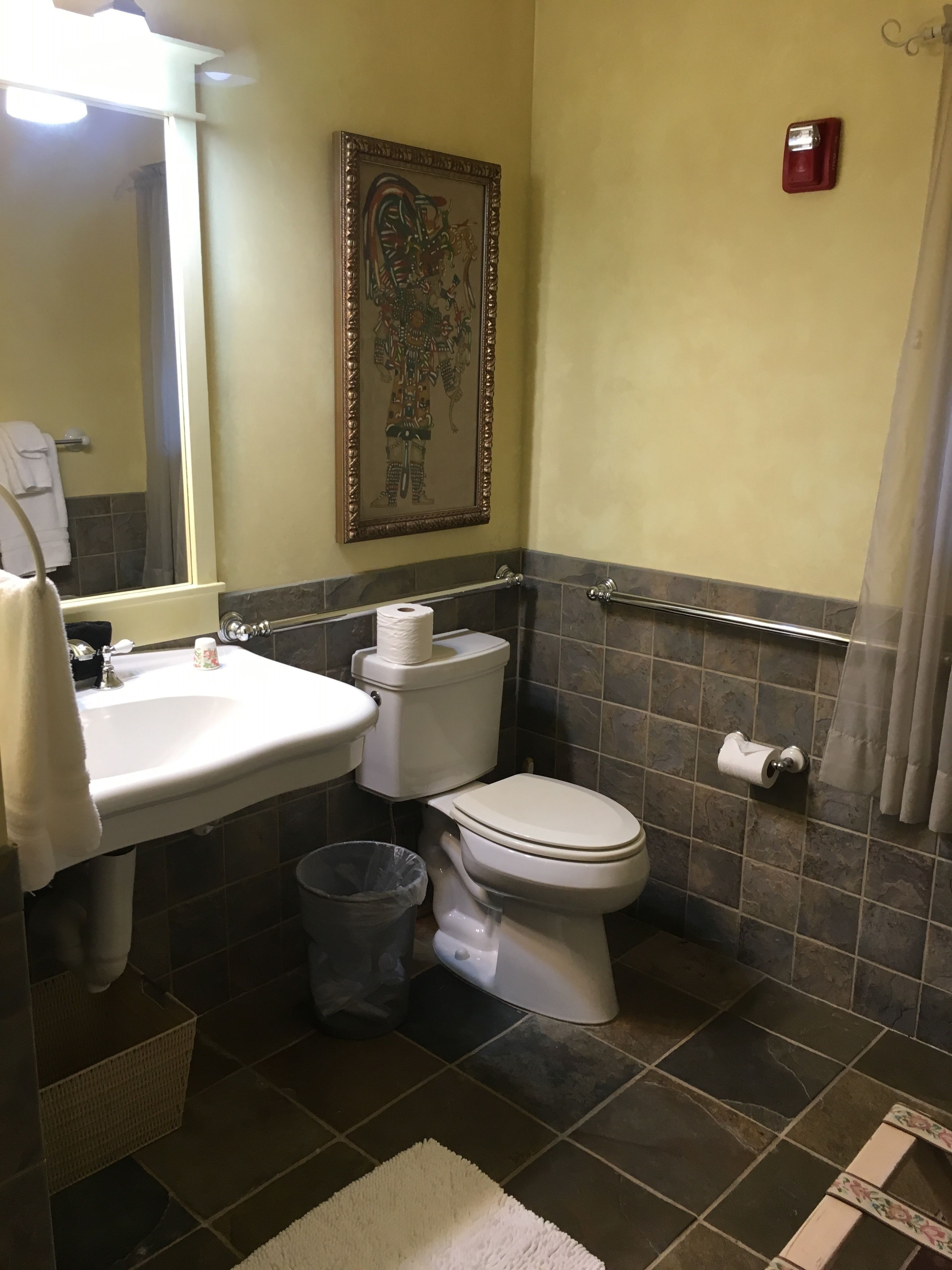 Une salle de bain équipée d’un lavabo, de toilettes et d’une poubelle.
