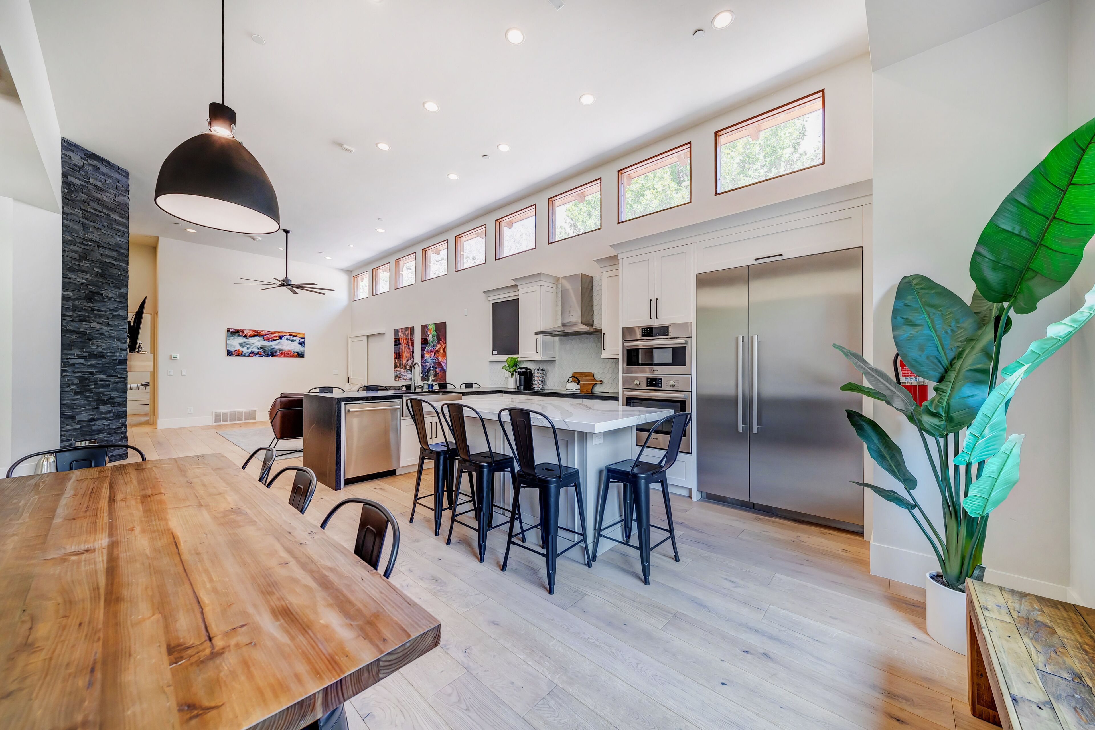Una cocina moderna con una isla central, electrodomésticos de acero inoxidable y una planta grande en maceta.