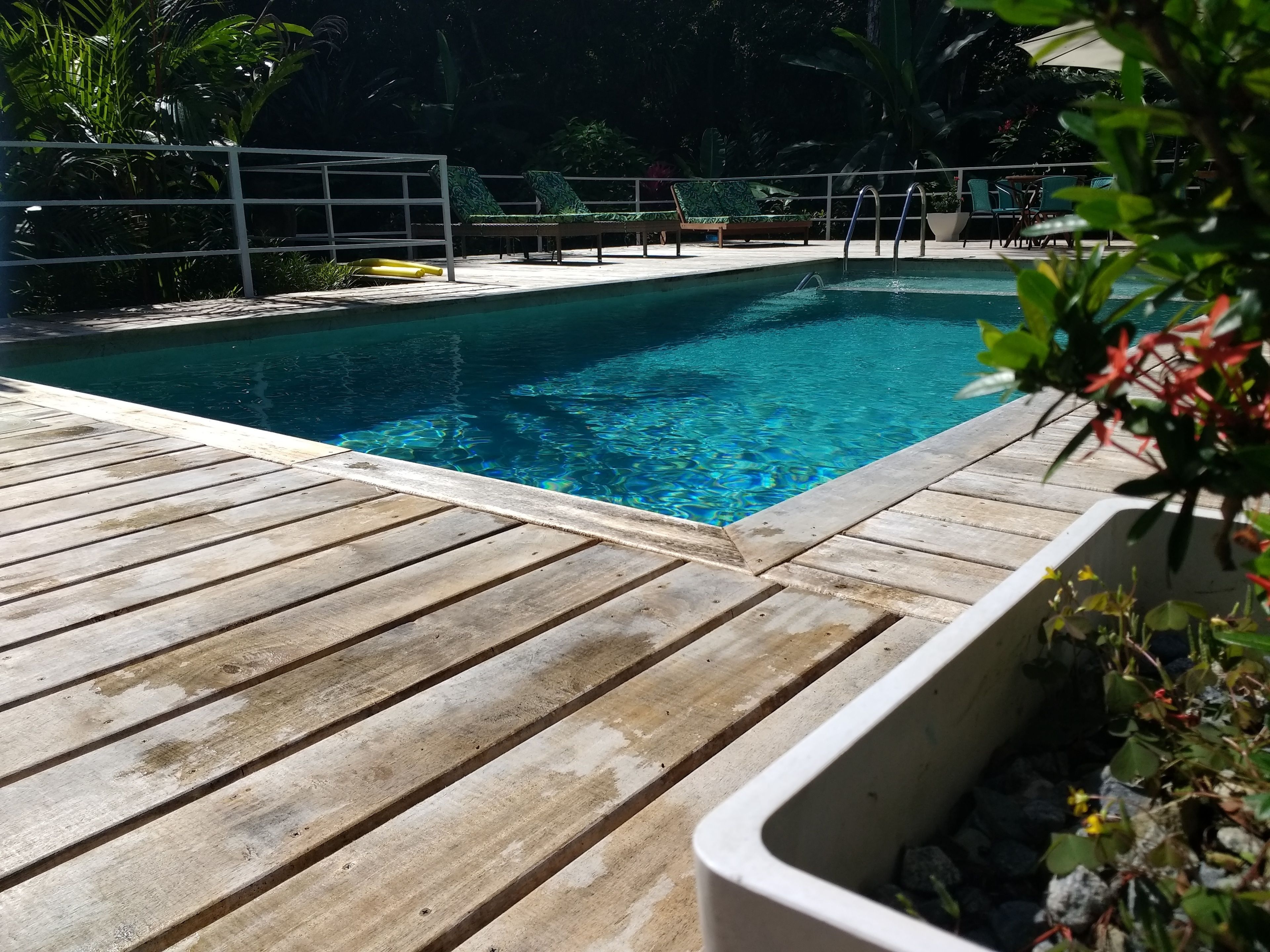 A wooden deck surrounding a clear blue pool with lounge chairs and a railing.
