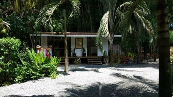 A small, single-story building with a porch, surrounded by dense tropical vegetation.