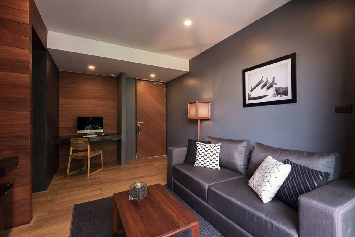 Een moderne woonkamer met een grijze bank, houten vloeren, een televisie en een ingelijste foto aan de muur.