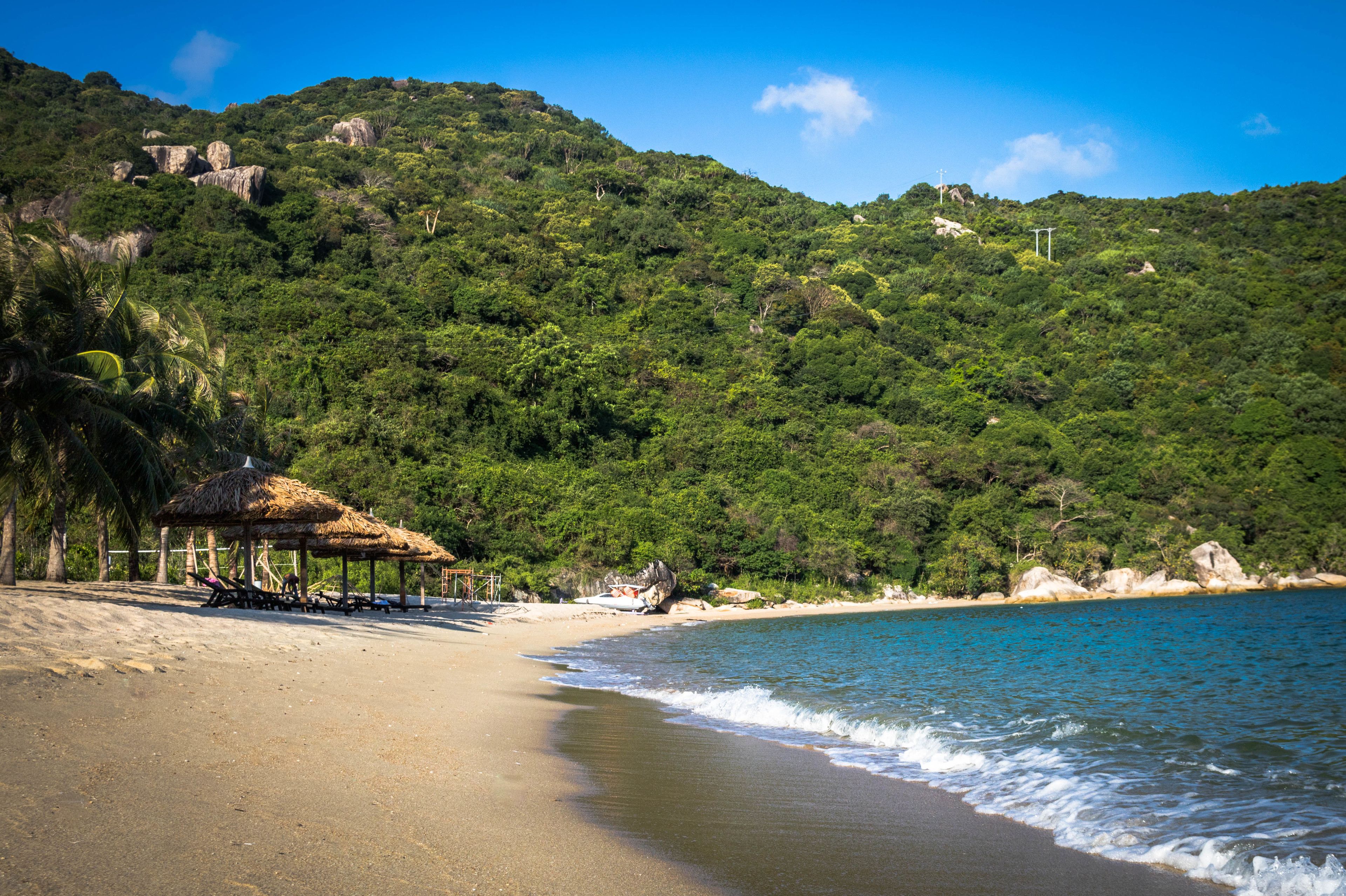 Una playa con una cabaña de techo de paja, agua azul cristalina y una ladera boscosa.