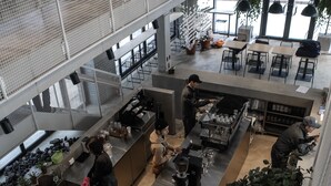 Un área de cocina amplia y moderna, con varias estaciones de trabajo y un techo alto.