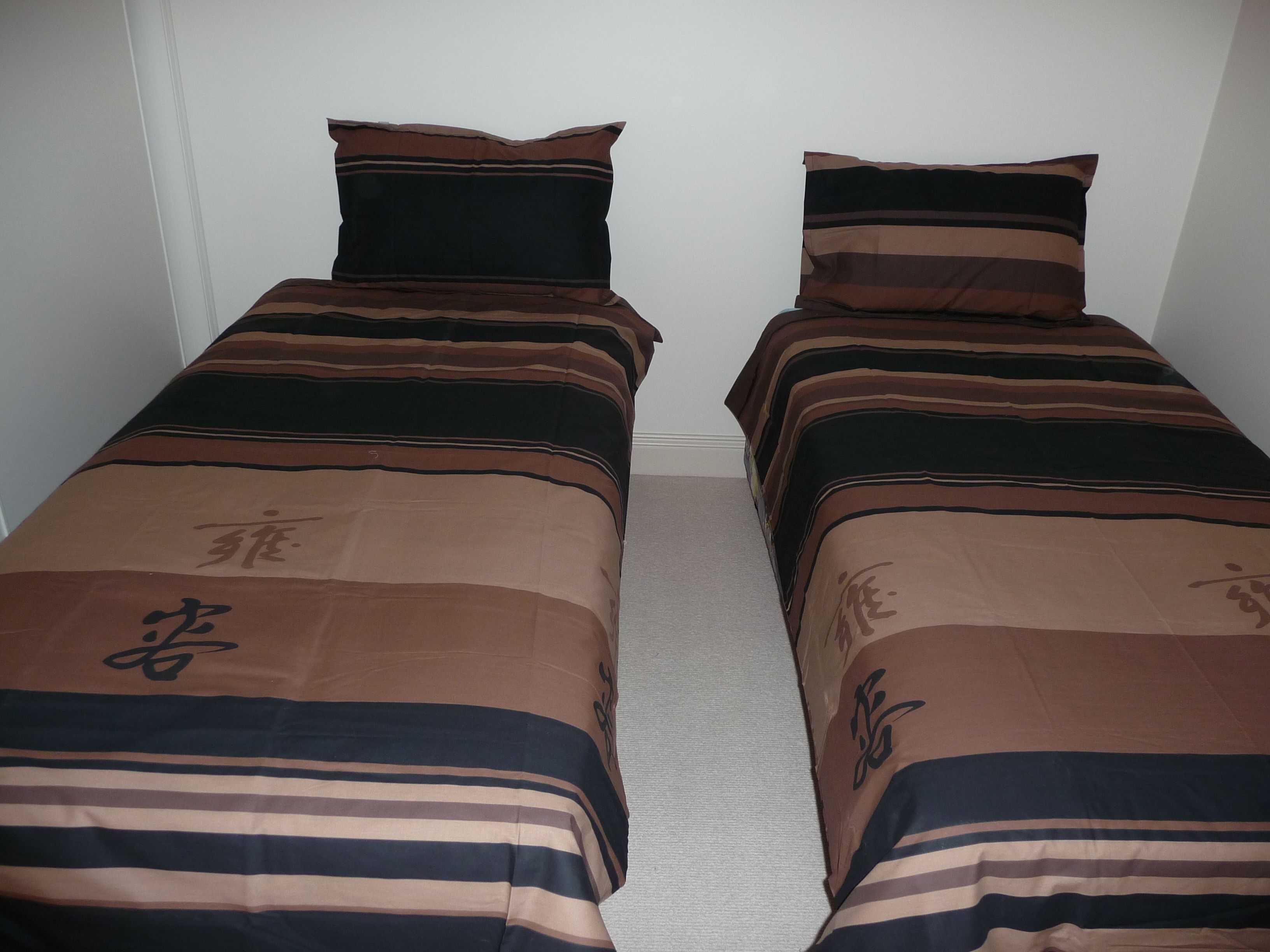 Duas camas de solteiro com roupa de cama e almofadas listradas, uma parede lisa e um chão coberto de carpete.