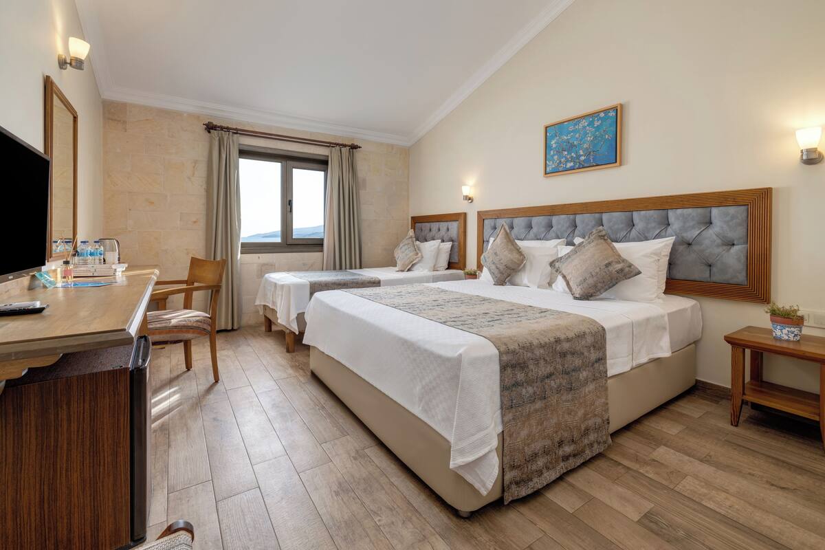 Quarto de hotel com duas camas, uma escrivaninha, uma cadeira, uma televisão e uma janela com cortinas.