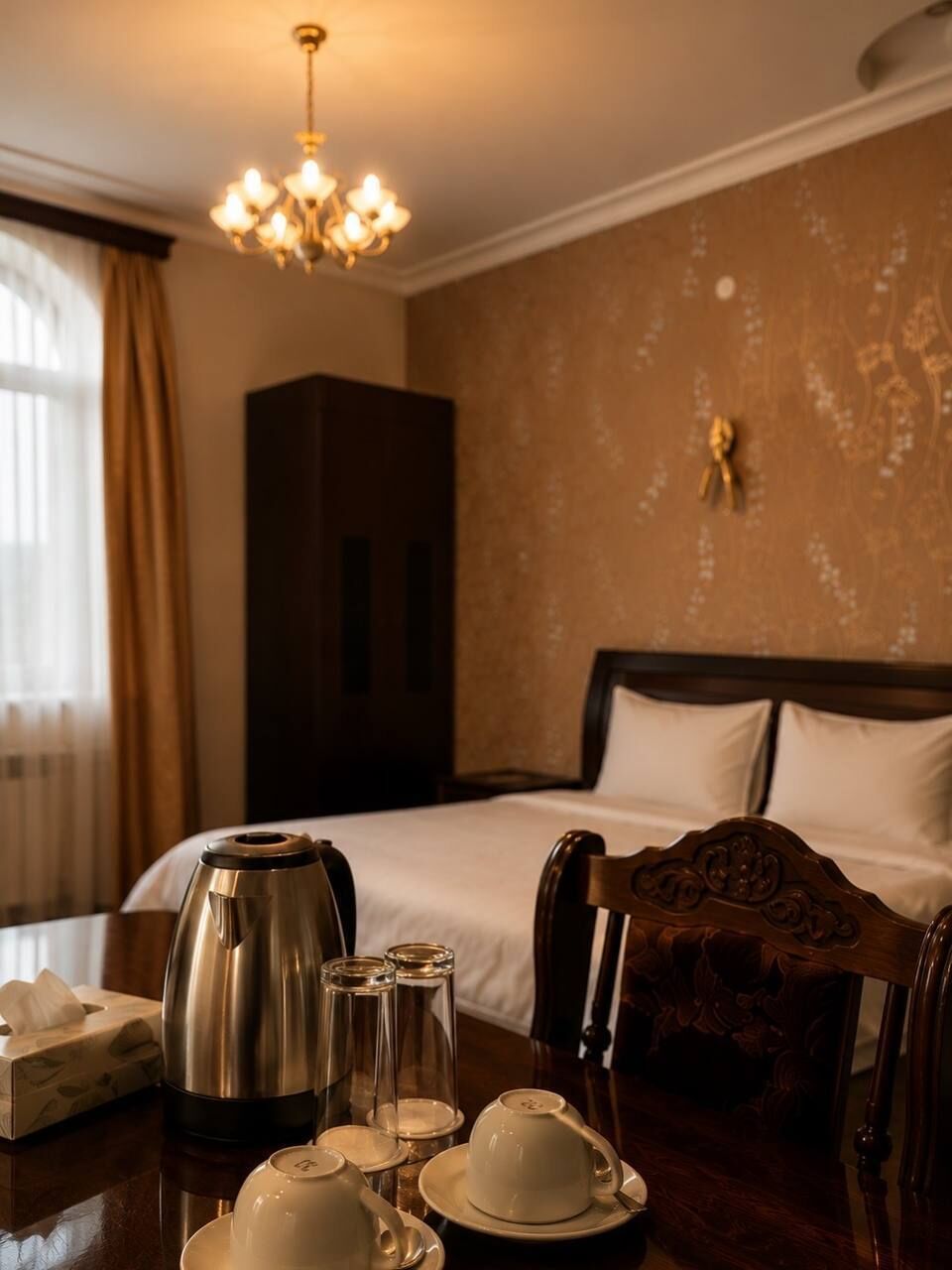 A hotel room with a bed, a wooden chair, a table with a kettle, cups, and a tissue box.
