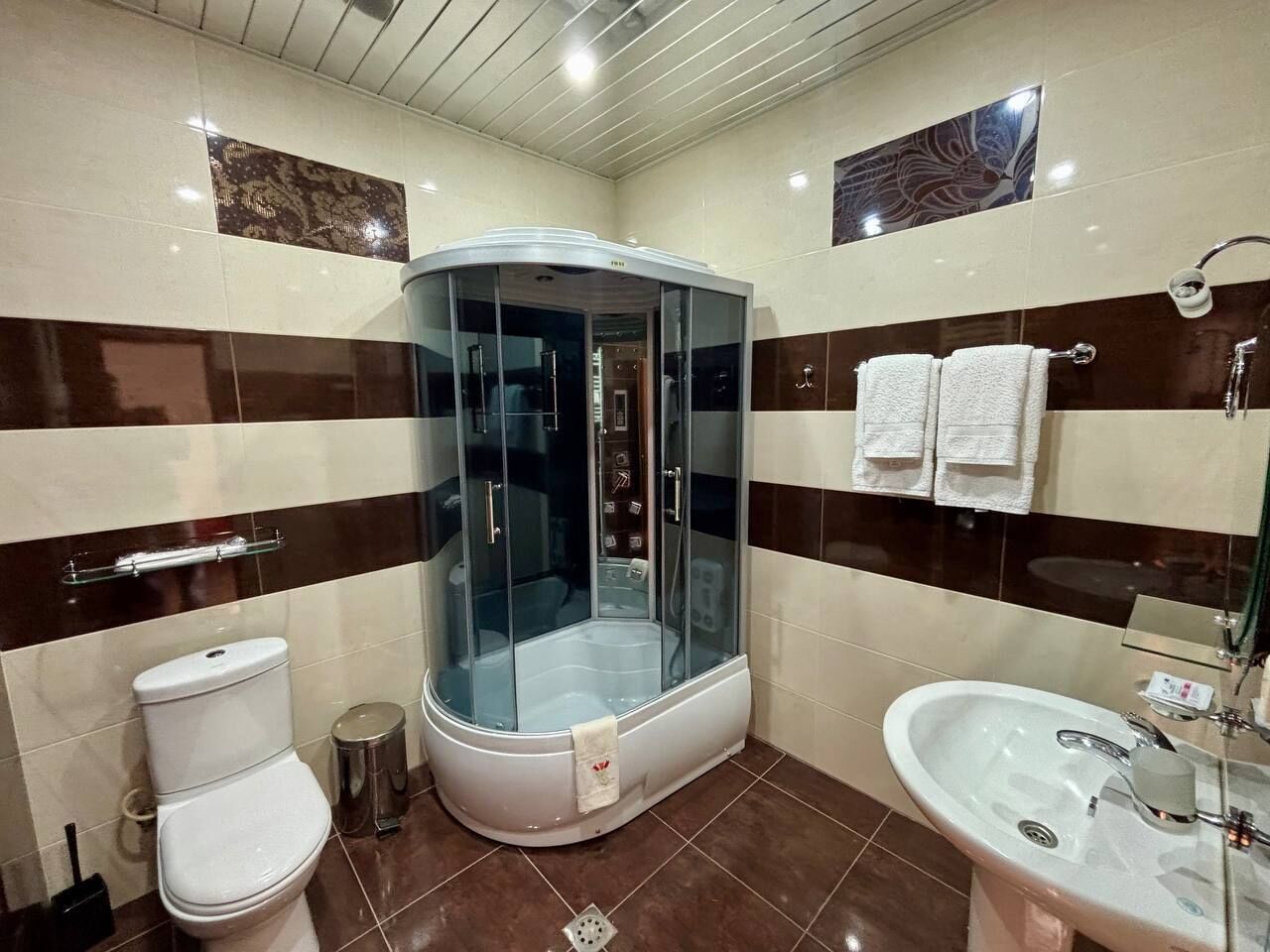 Une salle de bain avec une douche à parois de verre, des toilettes et un lavabo.