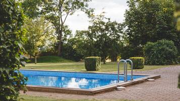 A rectangular swimming pool with two ladders on one side, surrounded by well-maintained grass and hedges.