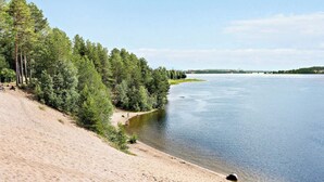 Une plage de sable bordée d’une forêt dense et un lac paisible.