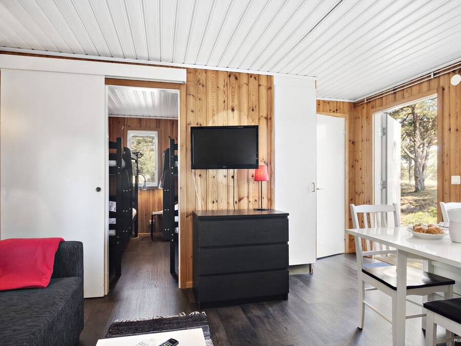 A modern interior with a wooden wall, a flat-screen TV, a dining table with chairs, and a sofa with a red throw.