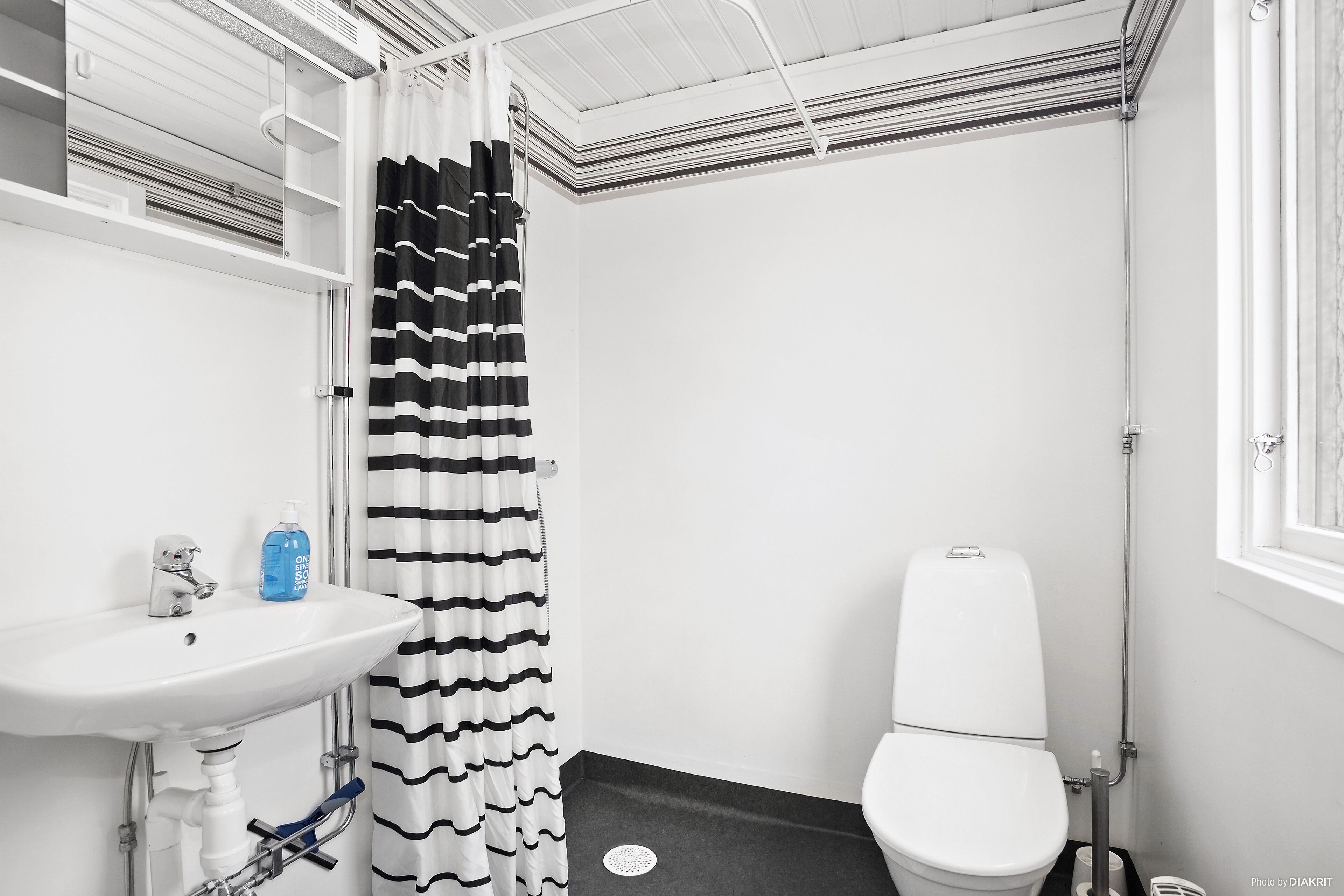 Un bagno con lavandino bianco, un WC e una tenda per la doccia.