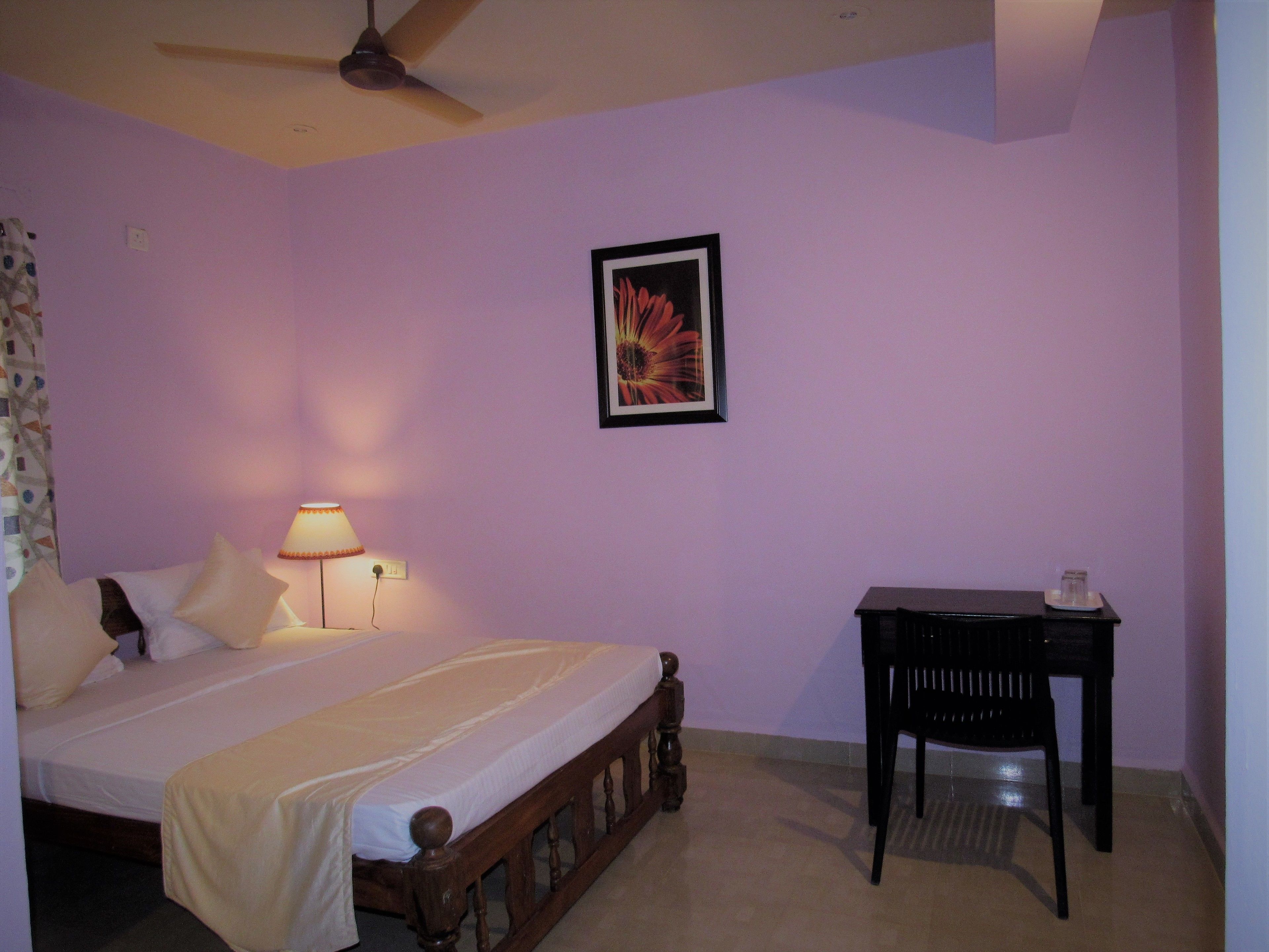 A bedroom with a bed, a nightstand, a desk, a ceiling fan, and a wall-mounted picture.