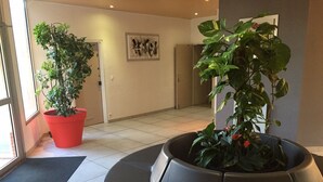 A modern lobby with a black leather sofa, a red potted plant, and a large potted plant with red flowers.