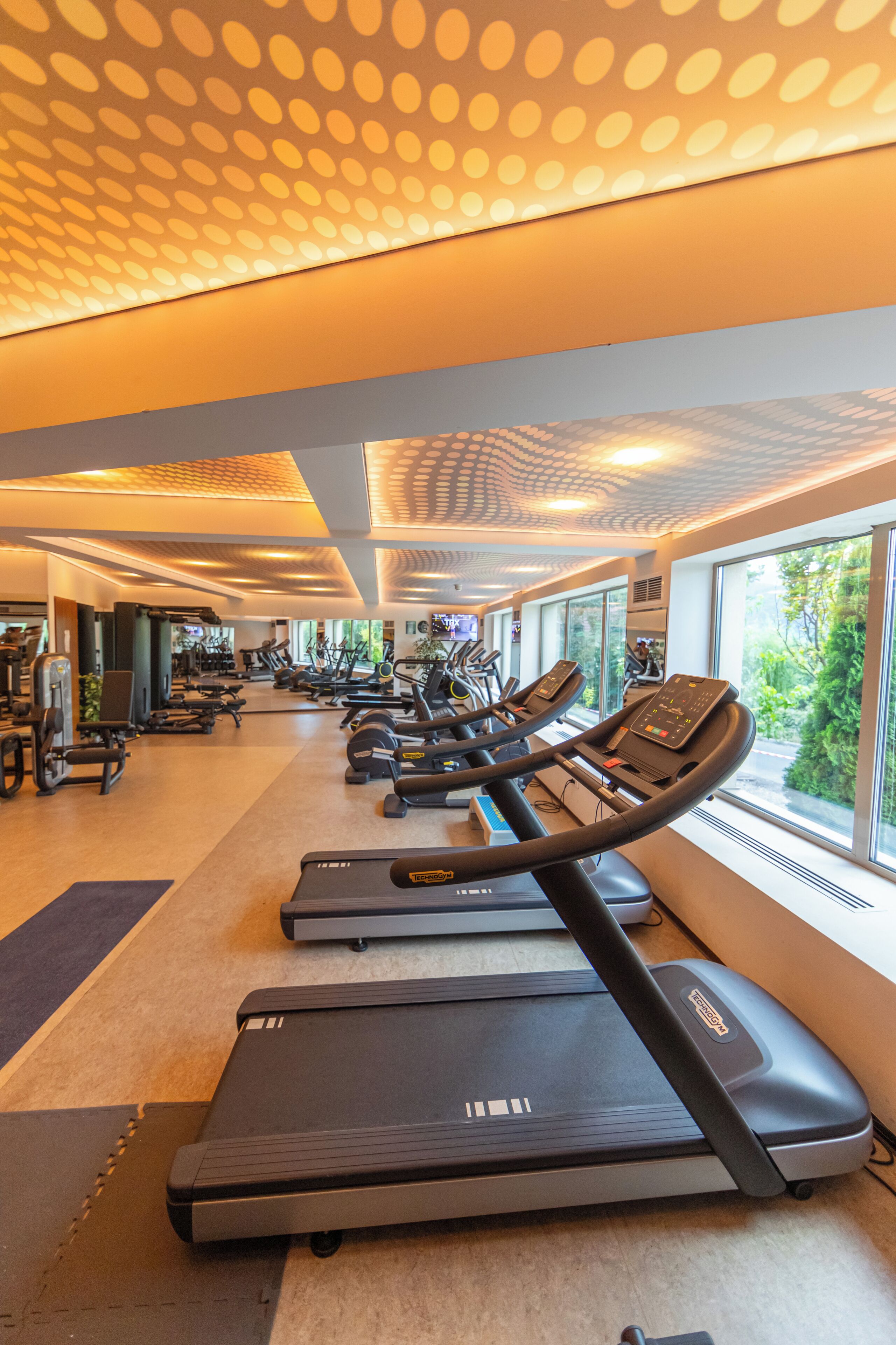 Un gimnasio con cintas de correr, máquinas de ejercicio y ventanas amplias.