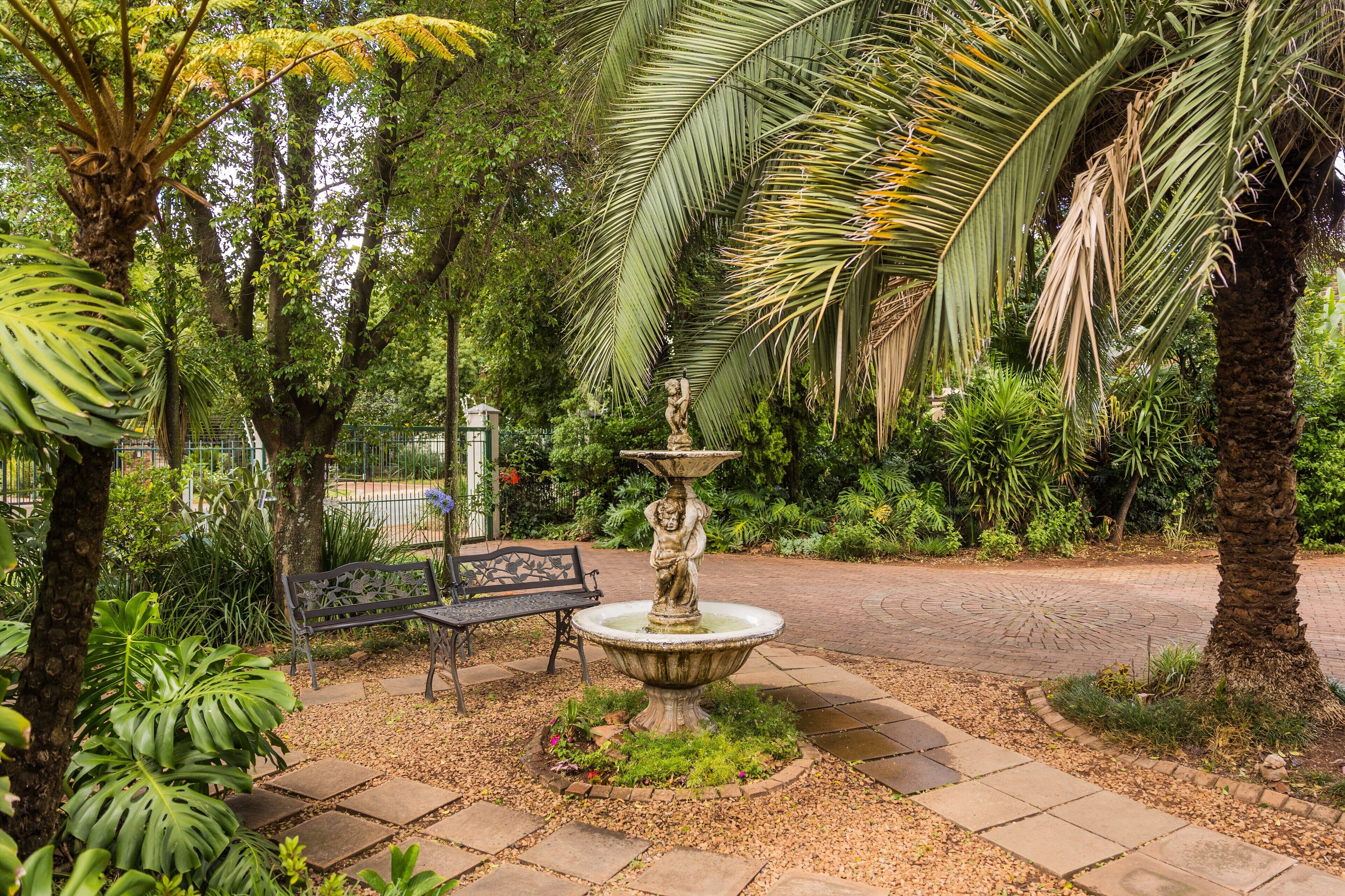 A garden with a statue fountain, a bench, and various tropical plants.