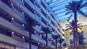 Un vestíbulo de hotel de varios niveles con una fuente central, palmeras y un diseño moderno.