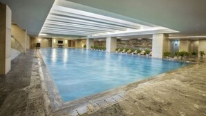 Una piscina interior con techo alto y pared de piedra al fondo.