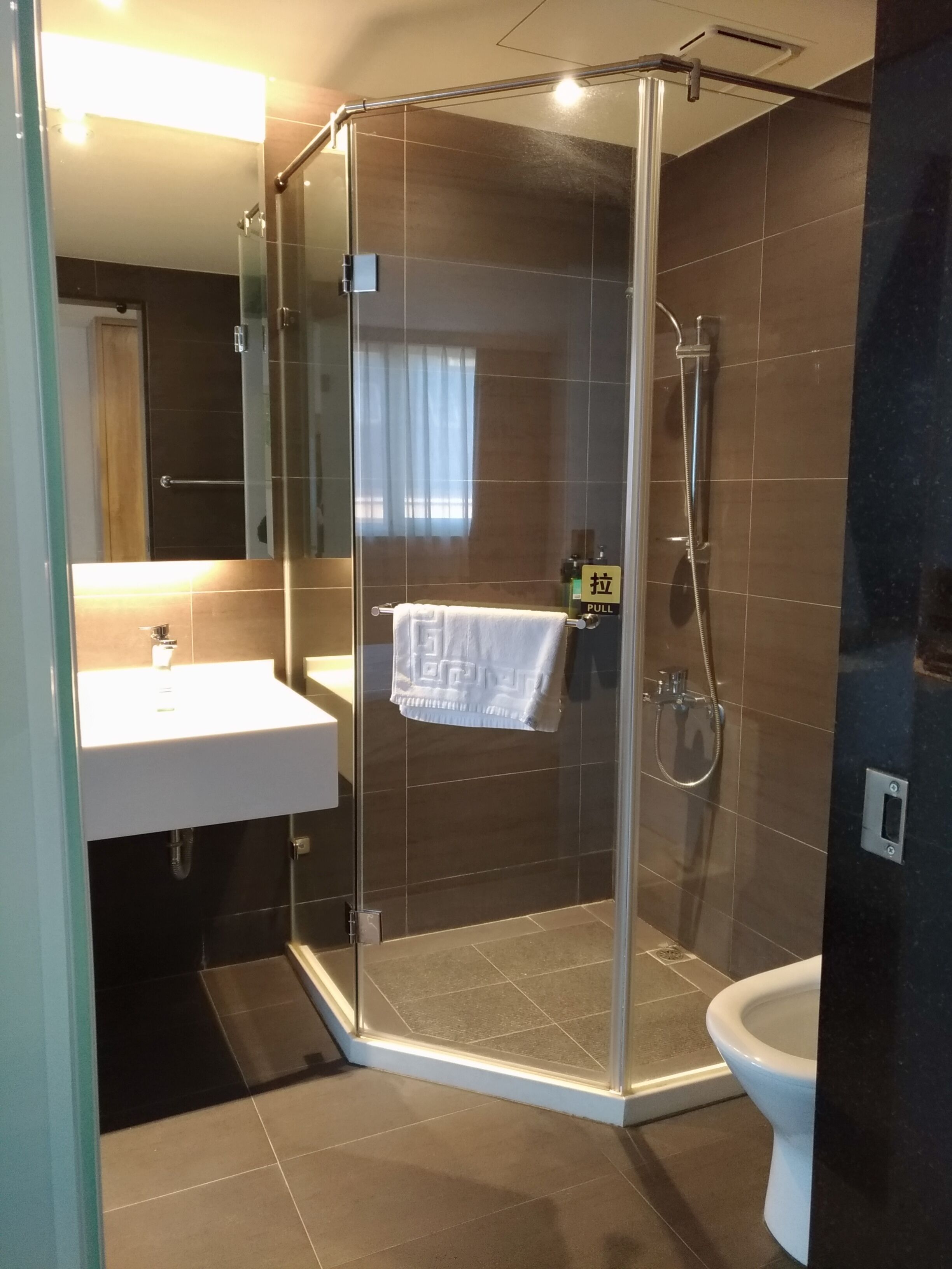 A modern bathroom with a glass-enclosed shower, a white sink, and a toilet.