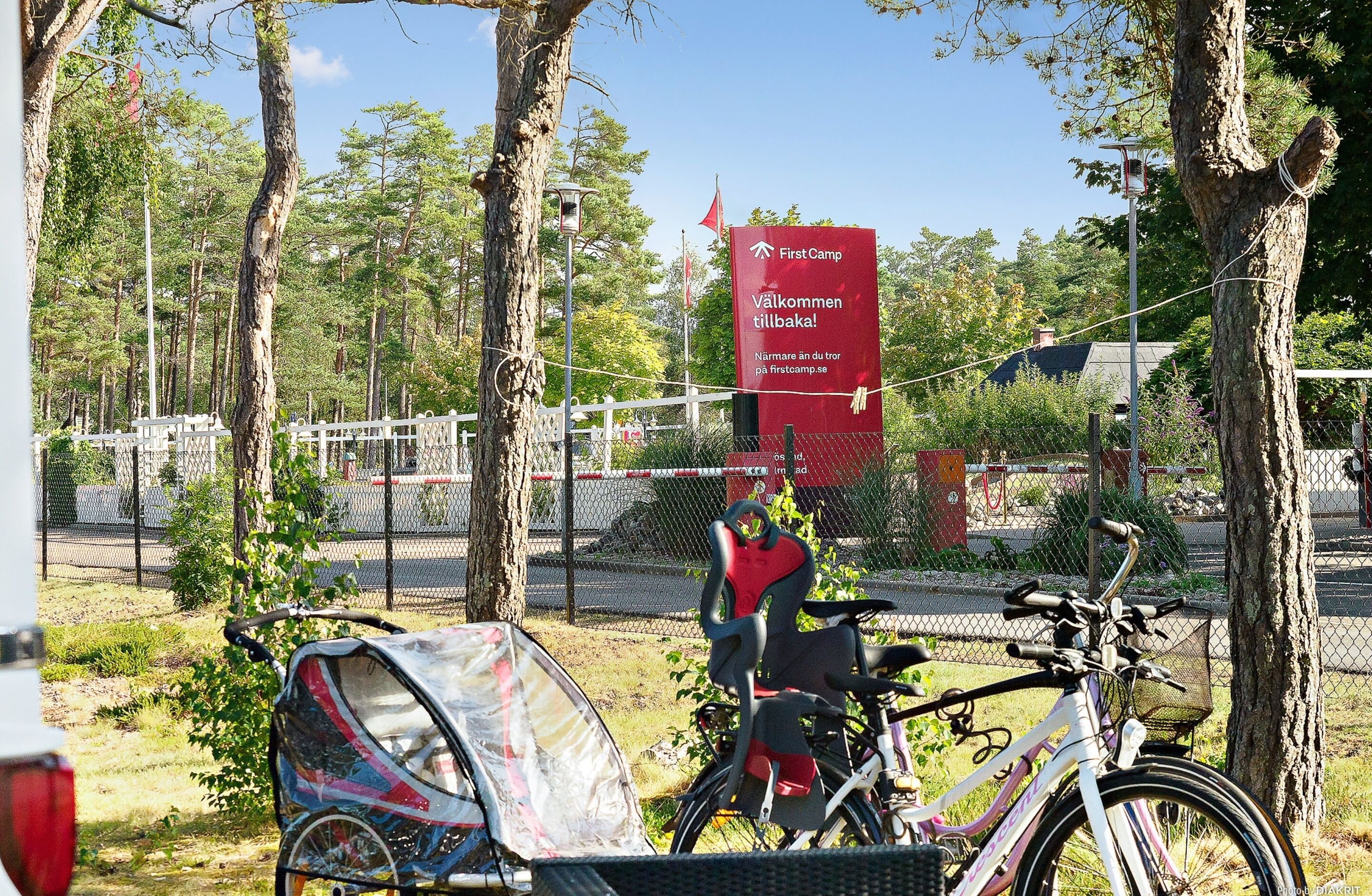 A red sign with white text indicating directions to 'First Camp' and a bicycle parked near a tree.