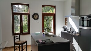 A modern kitchen with two windows, a sink, a stove, and a chair. - Mansion 6 (Maastricht)